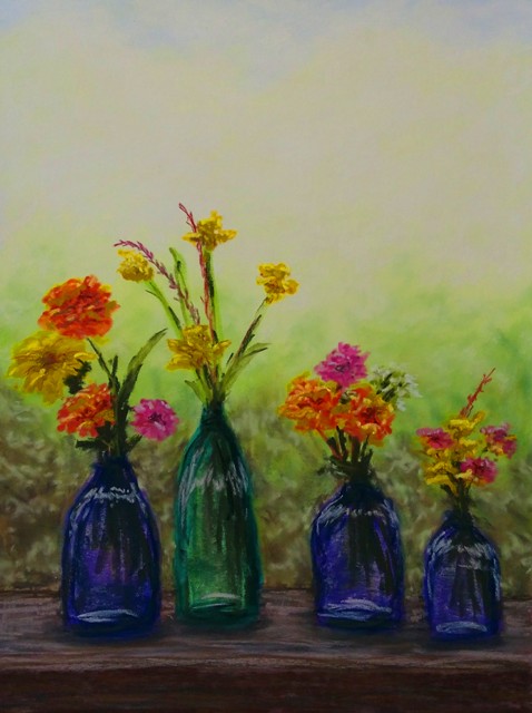 pastel painting, flowers, zinnias, jars,
